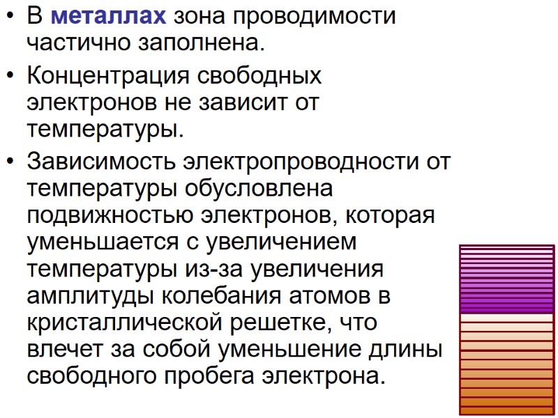 В металлах зона проводимости частично заполнена.  Концентрация свободных электронов не зависит от температуры.